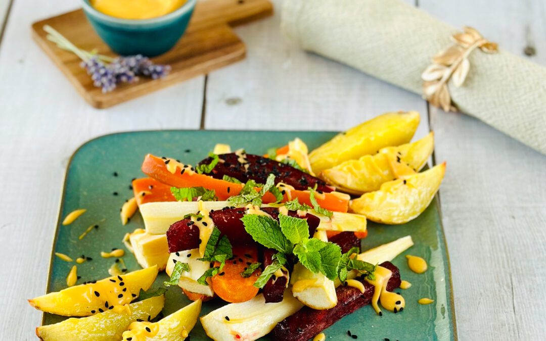Geröstetes Wurzelgemüse mit Mango Dip