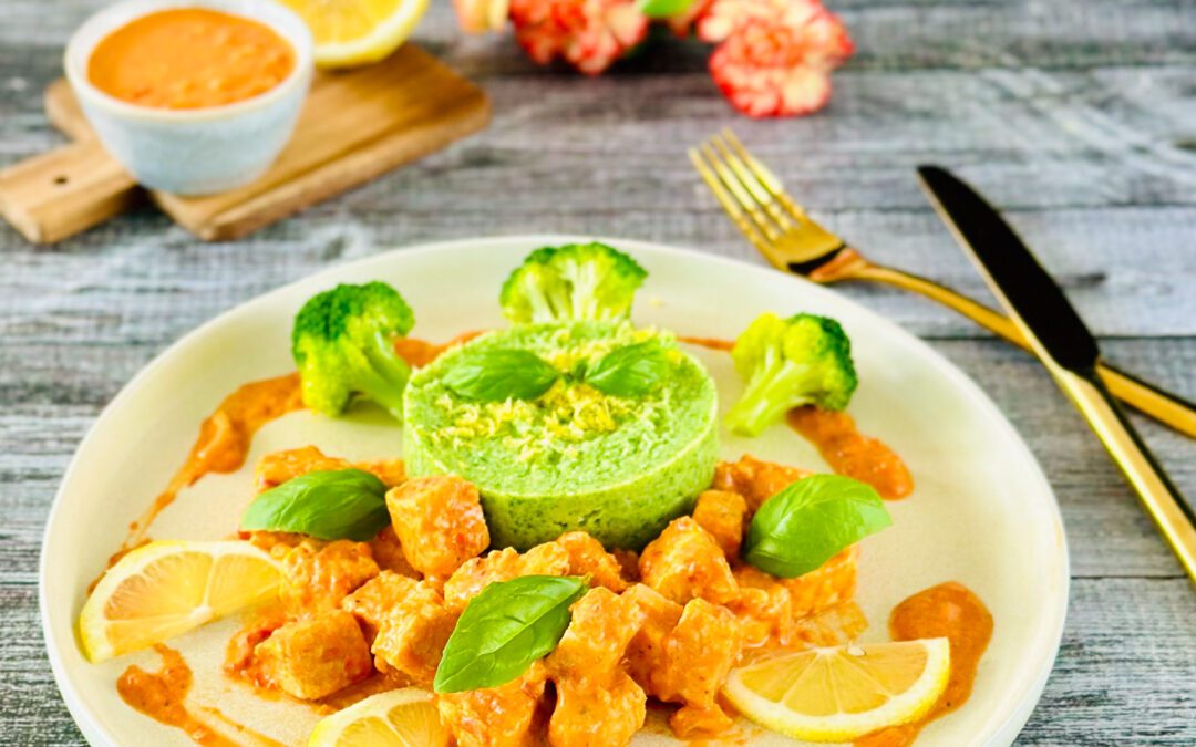 Ajvar Sojageschnetzeltes mit Brokkoli Zitronen Püree