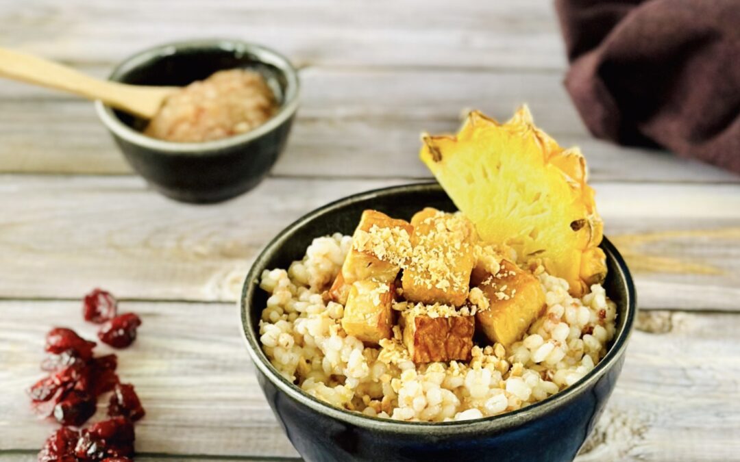Ananas Cranberry Gerstenporridge mit Tempeh
