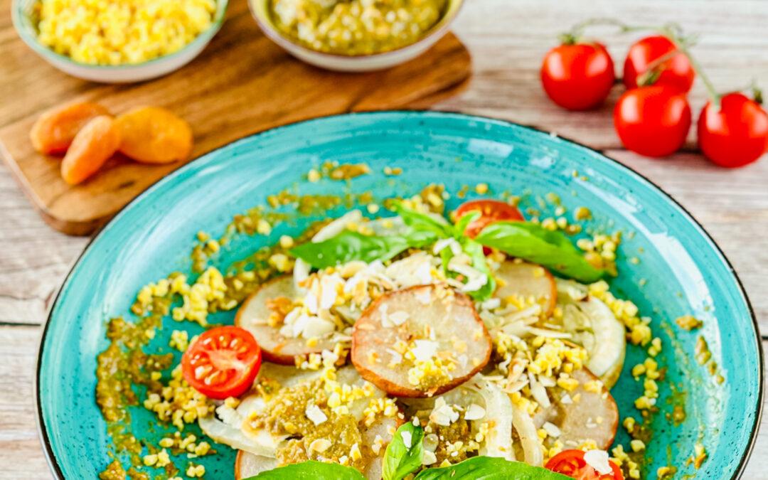 Lupinen Fenchel und Birnen mit Aprikosen Mandel Pesto