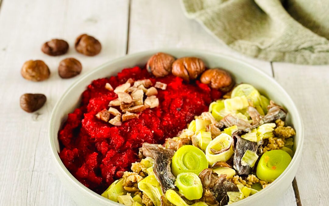 Lupinen Pilz Ragout mit rote Beete Maronen Püree