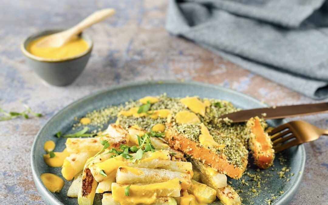Kürbiskern Süsskartoffel Schnitzel mit Kohlrabi Frites und Tofunaise