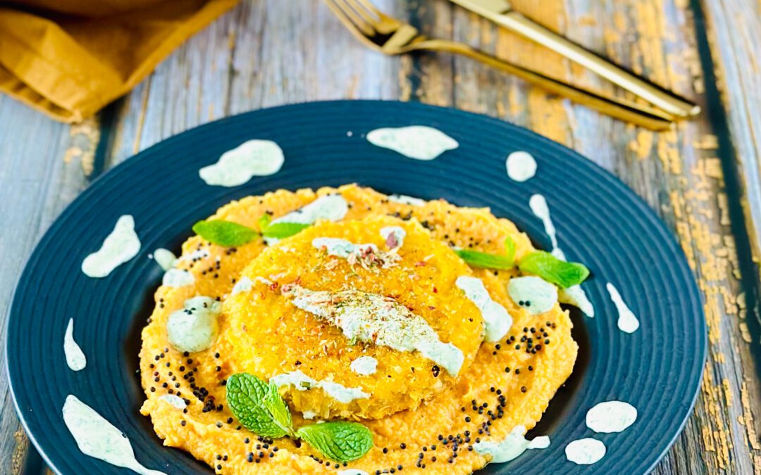 Kohlrabi Mandel Schnitzel auf Rote Linsen Püree