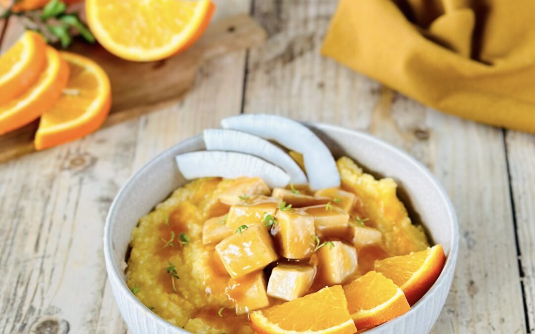 Orangen Frosti Tofu mit Kokos Polenta