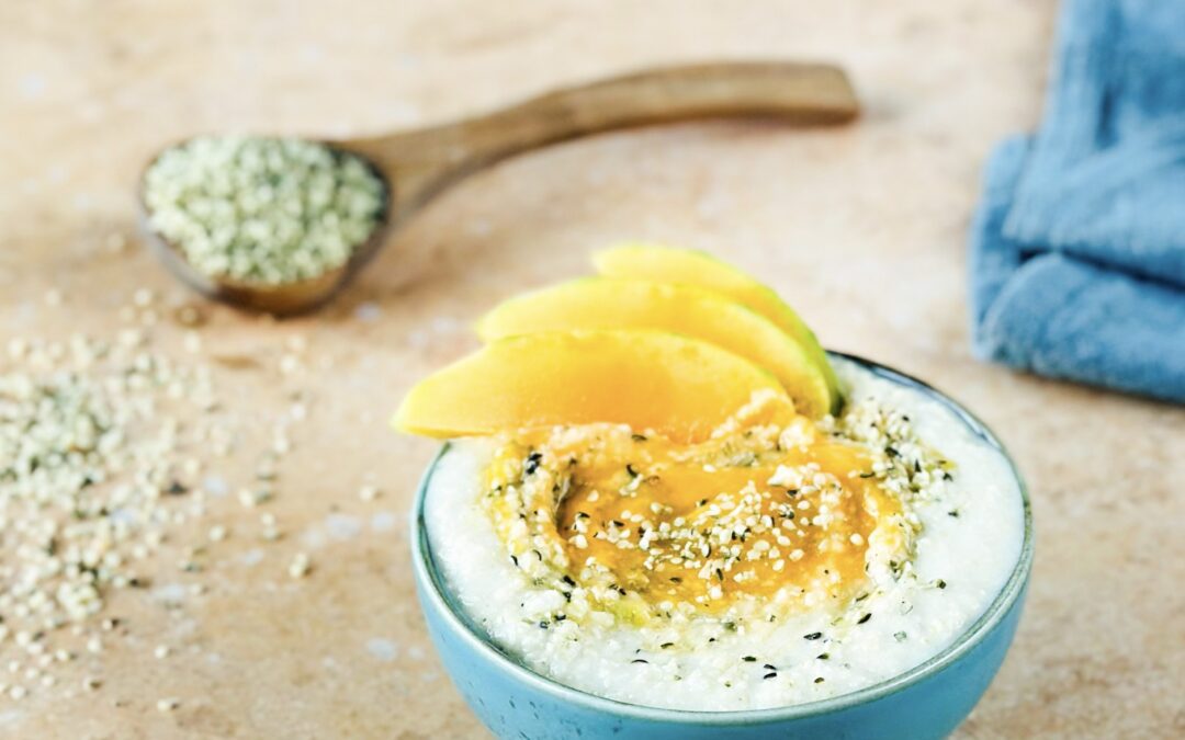 Hirse Hanfsamen Porridge mit Cashew Mango
