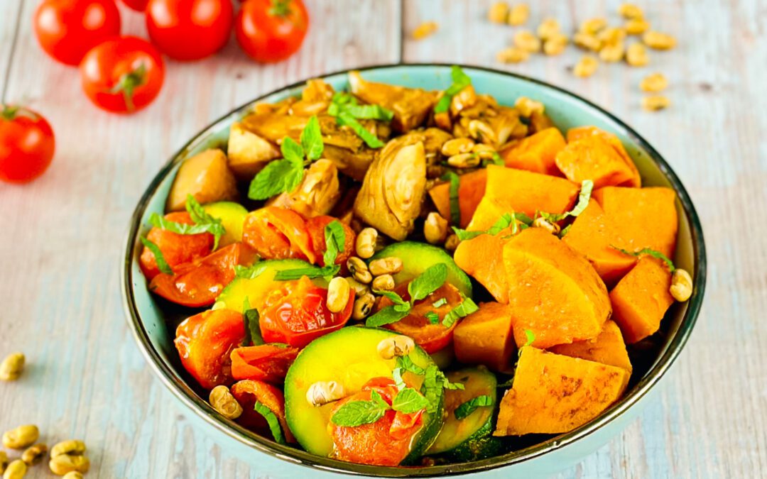 Jackfrucht Süsskartoffel Bowl mit Zucchini
